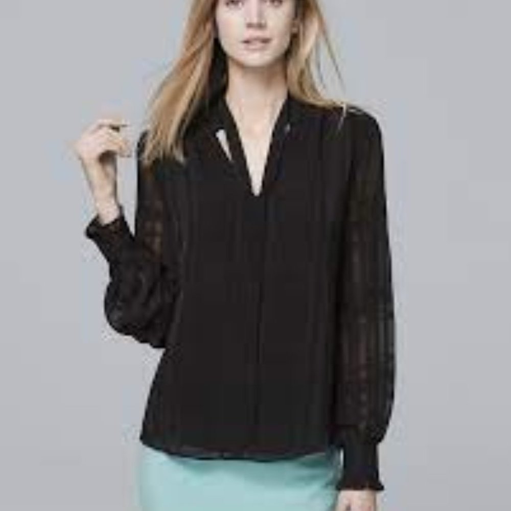 WHBM Tie-Neck Shadow Stripe Plaid Blouse